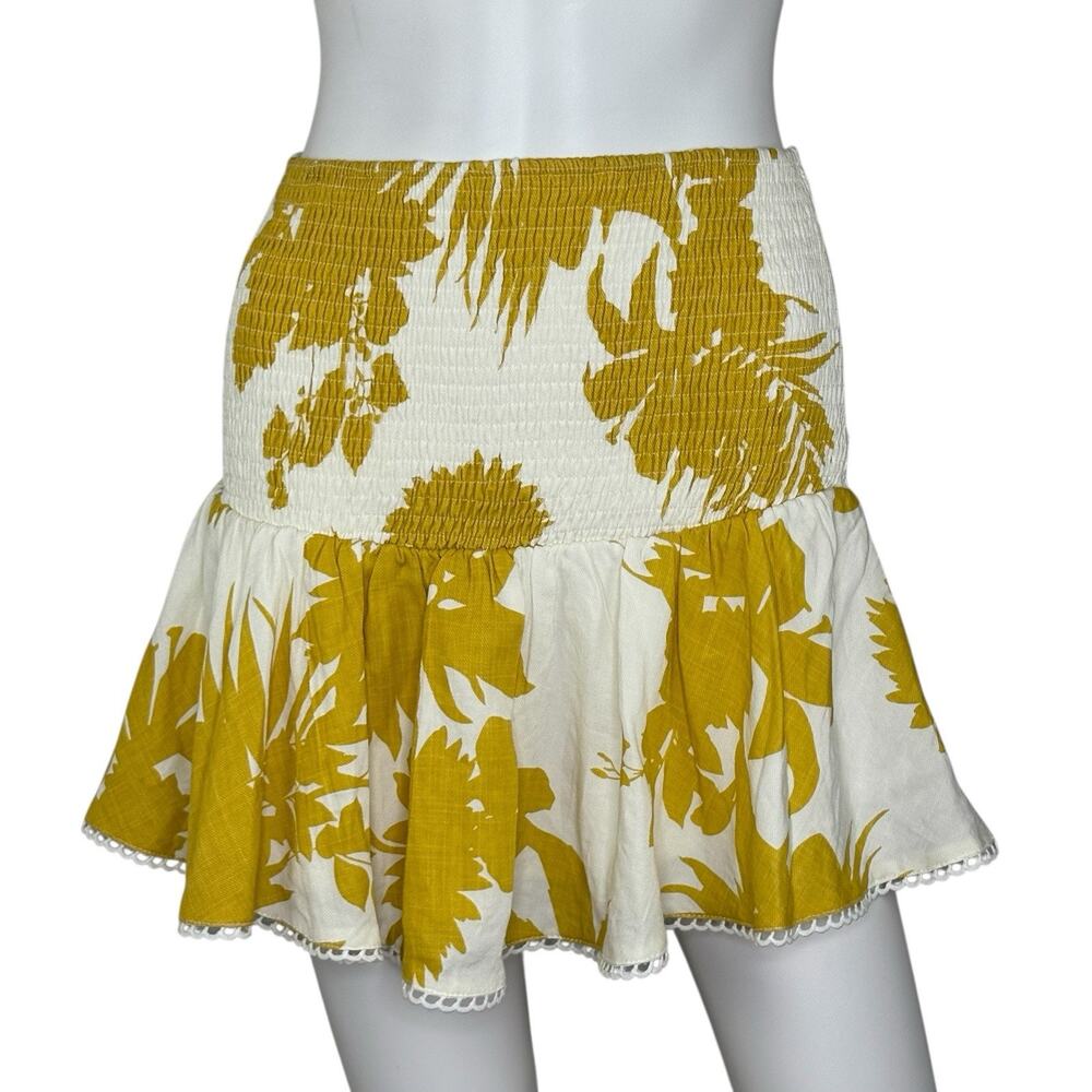 Women’s Mini Skirt Lace Ruffle Smocked Floral Ivory Gold Coquette Boho Size S